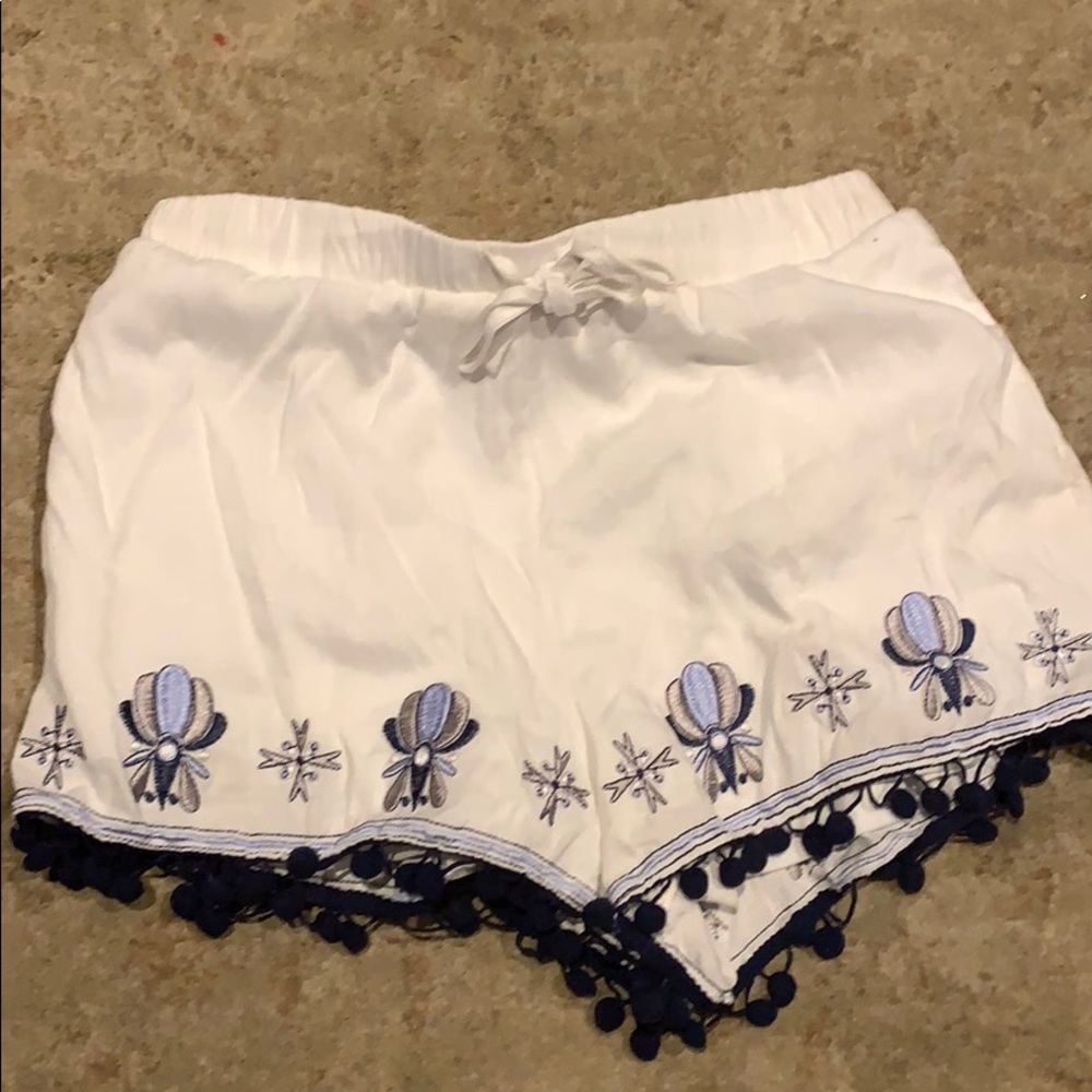 Mi Ami White Linen Embroidered Shorts